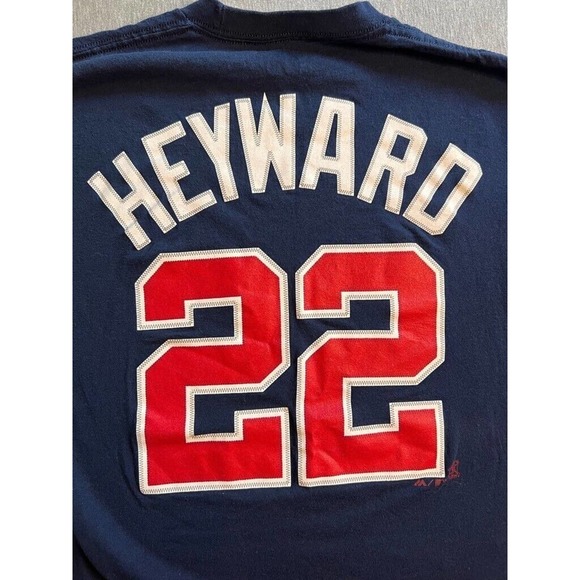 Jason Heyward 22 Atlanta Braves Majestic Boys MLB T-Shirt Blue Crew Spellout‎ S - Picture 7 of 7